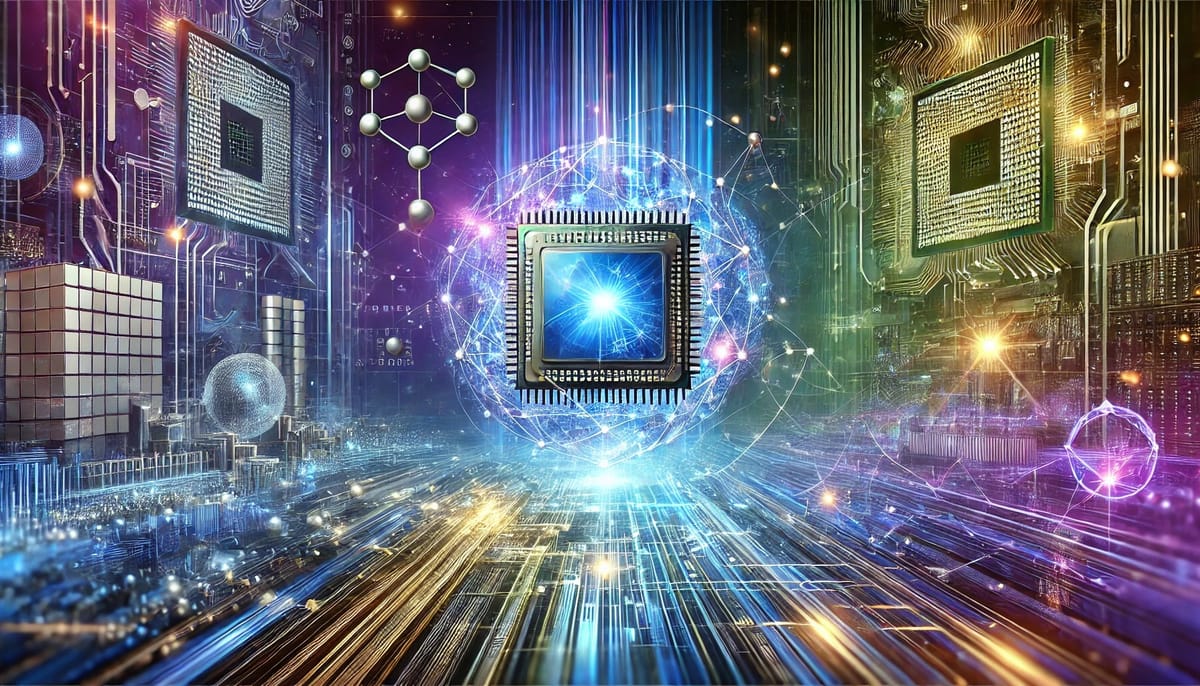 Futuristic banner featuring a glowing quantum processor with holographic qubits and digital data flows.