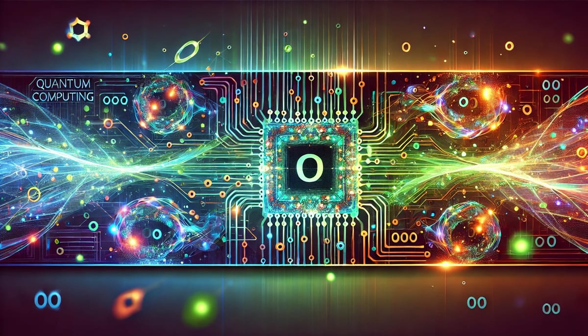 Futuristic quantum computing banner with glowing circuits, green and orange accents, and tech-inspired design.