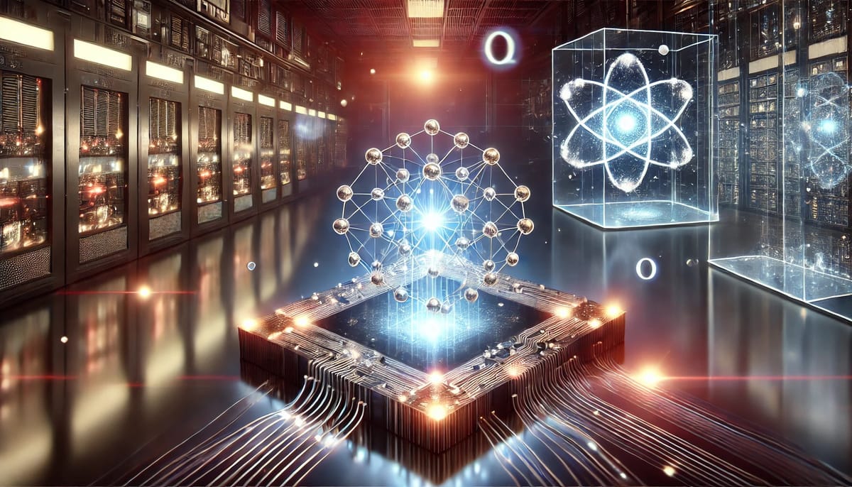 Futuristic quantum computing circuit with glowing qubits, holographic data streams, and a high-tech lab setting.