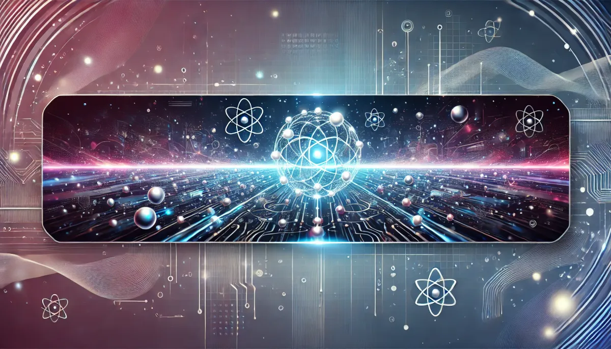 Futuristic quantum computing banner with glowing circuits, qubits, and a cosmic high-tech design in vibrant colors.