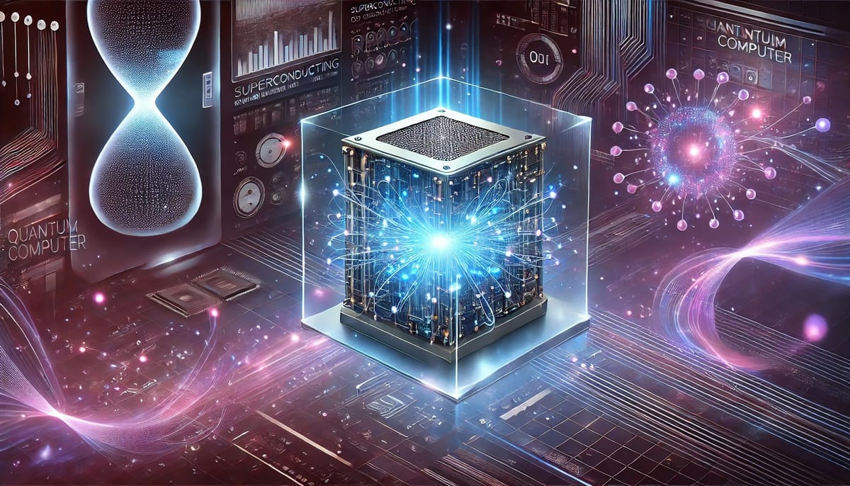Futuristic quantum computer glowing in a high-tech lab with data particles and superconducting circuits.