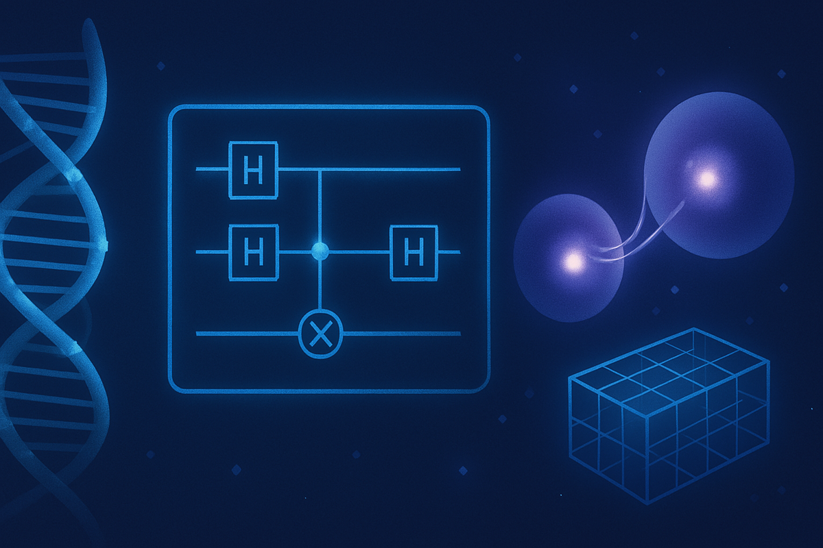 Quantum-themed digital art with DNA, quantum circuits, and entangled particles on a deep blue background.