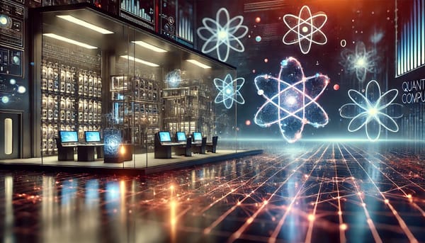 Futuristic quantum computing center with glowing equipment, atoms, and digital network representing innovation