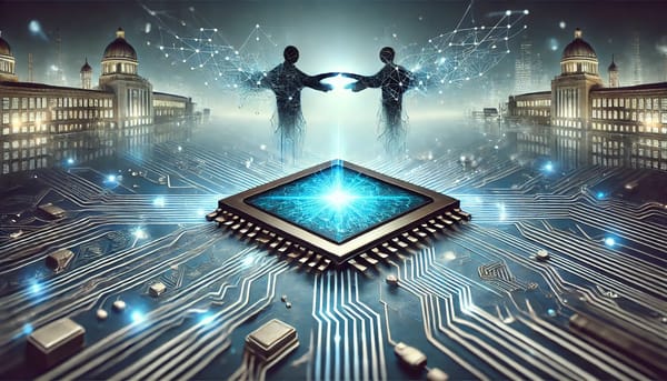 Futuristic quantum computing banner with tech nodes, glowing data streams, and hands symbolizing collaboration.