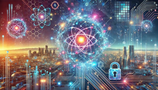 Futuristic quantum computing banner with qubits, Colorado skyline, and security elements.