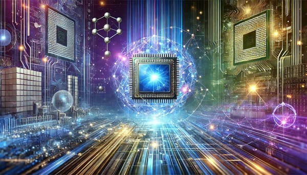 Futuristic banner featuring a glowing quantum processor with holographic qubits and digital data flows.