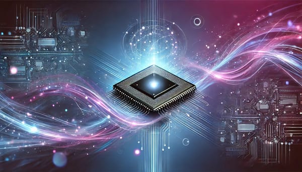 Futuristic illustration of a glowing quantum chip with swirling light trails, circuits, and digital particles.