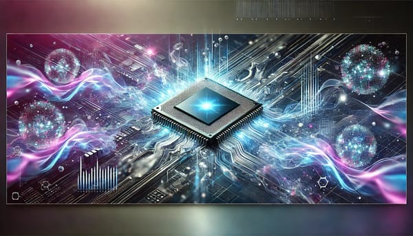 Quantum computing with glowing chip, particles, and digital grid background.