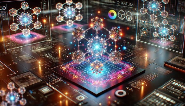 Futuristic digital art of quantum computing with glowing qubits and interconnected circuits in a sleek design.