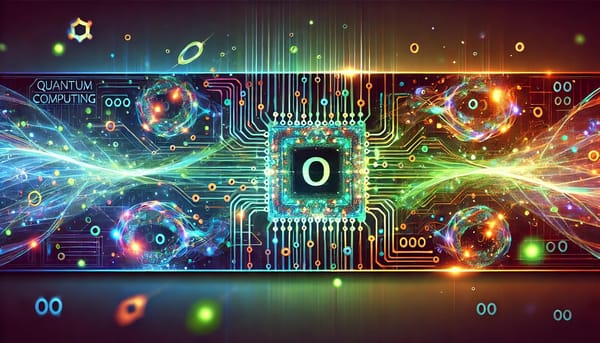 Futuristic quantum computing banner with glowing circuits, green and orange accents, and tech-inspired design.