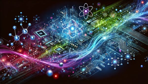 Futuristic illustration of quantum computing with glowing circuits, qubits, and entangled particles.
