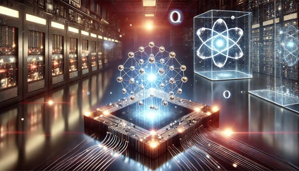 Futuristic quantum computing circuit with glowing qubits, holographic data streams, and a high-tech lab setting.