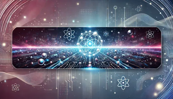 Futuristic quantum computing banner with glowing circuits, qubits, and a cosmic high-tech design in vibrant colors.