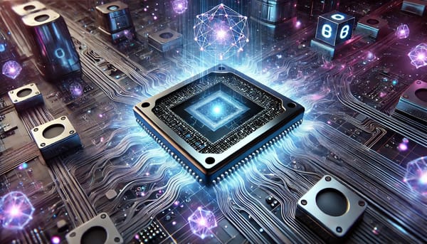 Glowing quantum chip with superconducting circuits and entangled qubits in a futuristic lab setting.