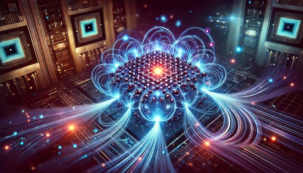 Futuristic digital artwork of quantum computing with glowing qubits and shimmering circuits in deep blue tones.