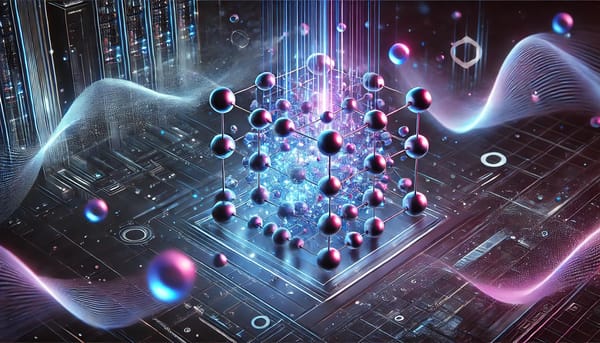 Futuristic quantum computing visualization with glowing qubits, circuits, and algorithmic waveforms.