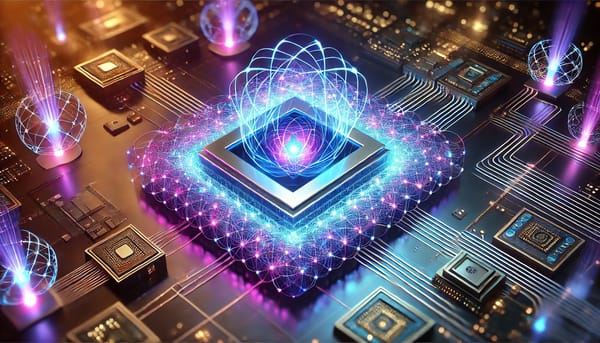 A futuristic quantum processor glowing blue and purple, surrounded by digital connections and floating qubits.