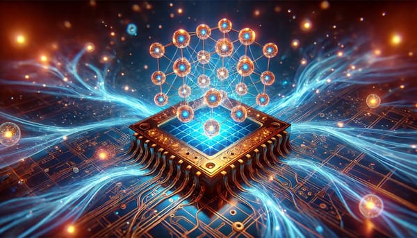 Futuristic quantum circuit board with glowing entangled qubits and cosmic neon waves.