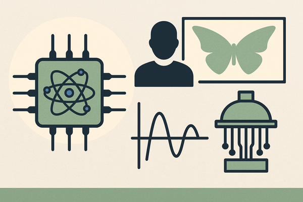 Flat illustration of quantum chip, butterfly, graph, and quantum research symbols