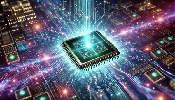 Futuristic glowing quantum chip with vibrant qubit network, symbolizing rapid advancements in quantum computing.
