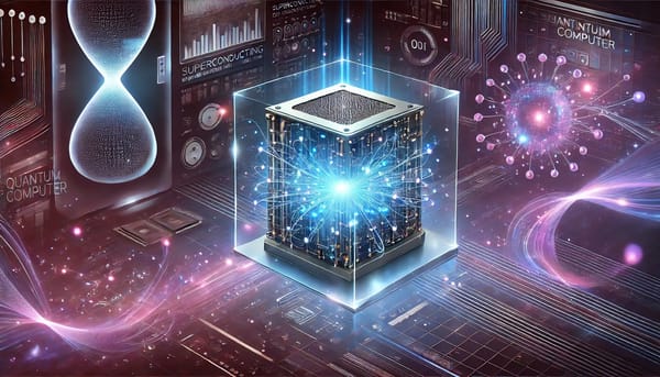 Futuristic quantum computer glowing in a high-tech lab with data particles and superconducting circuits.