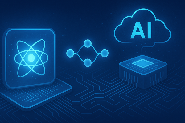Futuristic illustration of quantum processors and AI symbol connected by glowing circuits.