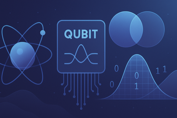 Abstract quantum computing concepts with atom, qubit processor, and binary code on a gradient background