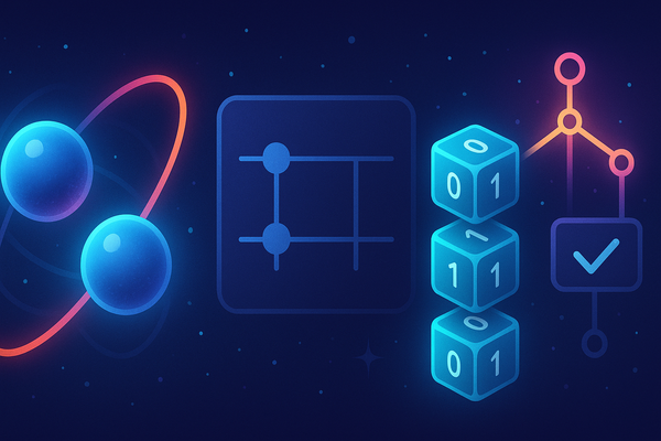 Quantum computing illustration with qubits, entanglement, error correction, and circuit elements on a dark background