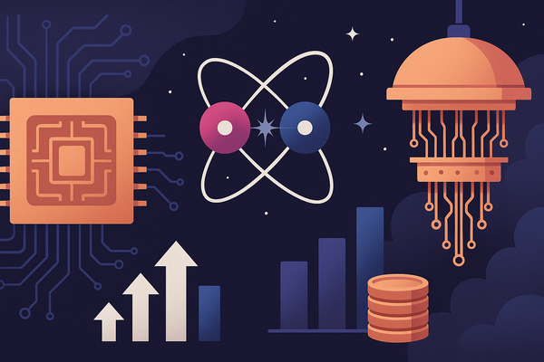 Illustration of quantum chip, entanglement, and investment growth in a futuristic digital style