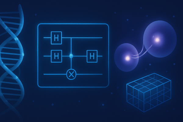 Quantum-themed digital art with DNA, quantum circuits, and entangled particles on a deep blue background.