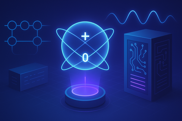 Illustration of quantum computing advancements with qubit, quantum chip, and wave functions.